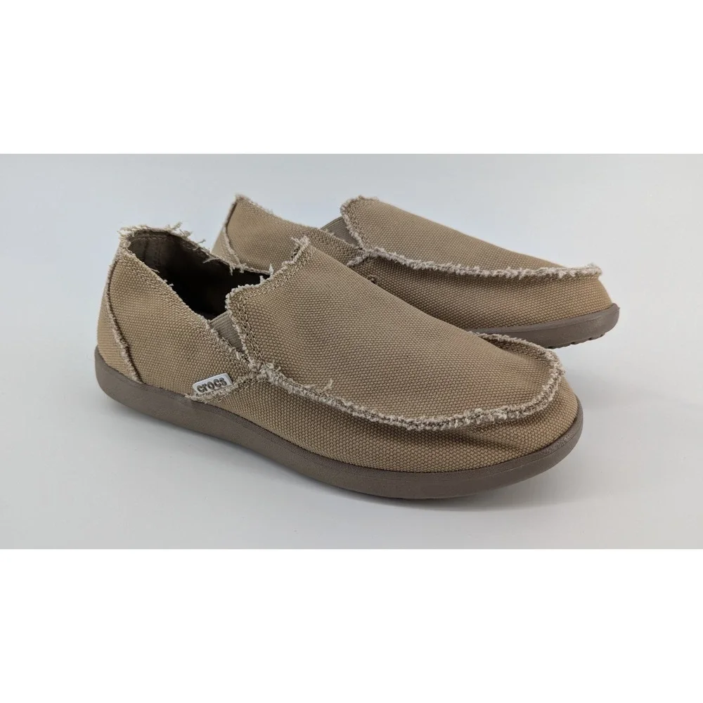 Crocs Santa Cruz Mens Size 8 Khaki Canvas Slip On Loafers Frayed 10128 Tan